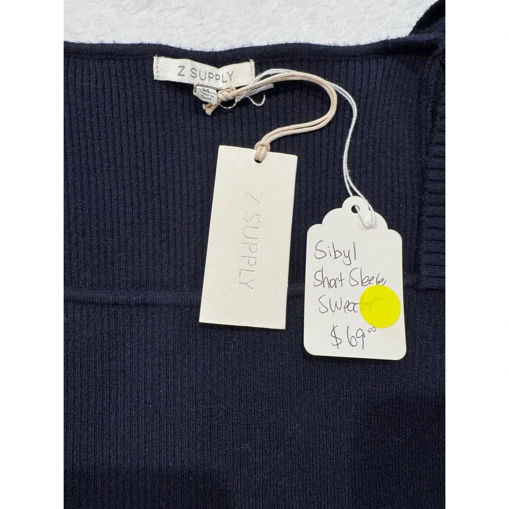 Z Supply Sibyl Short Sleeve Sweater Navy Blue Ribbed Square Neck Puff Sleeve M